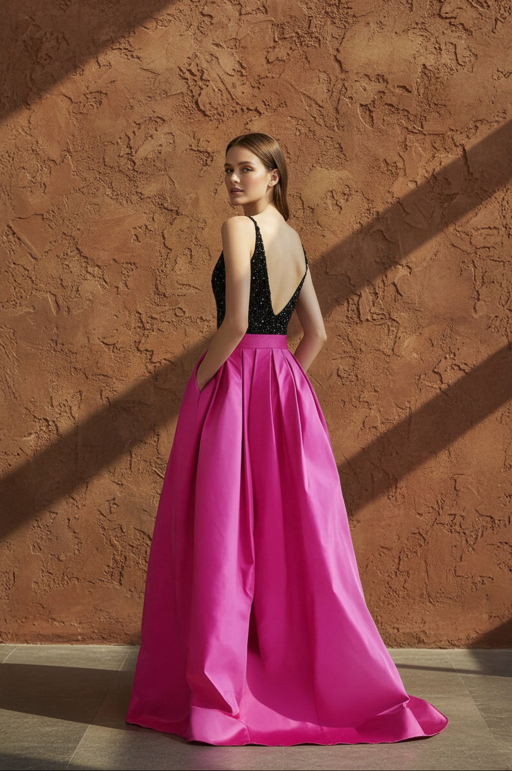 Sheisme-Black and Fuchsia Sequin Taffeta V-Neck A-Line Maxi Evening Formal Dress