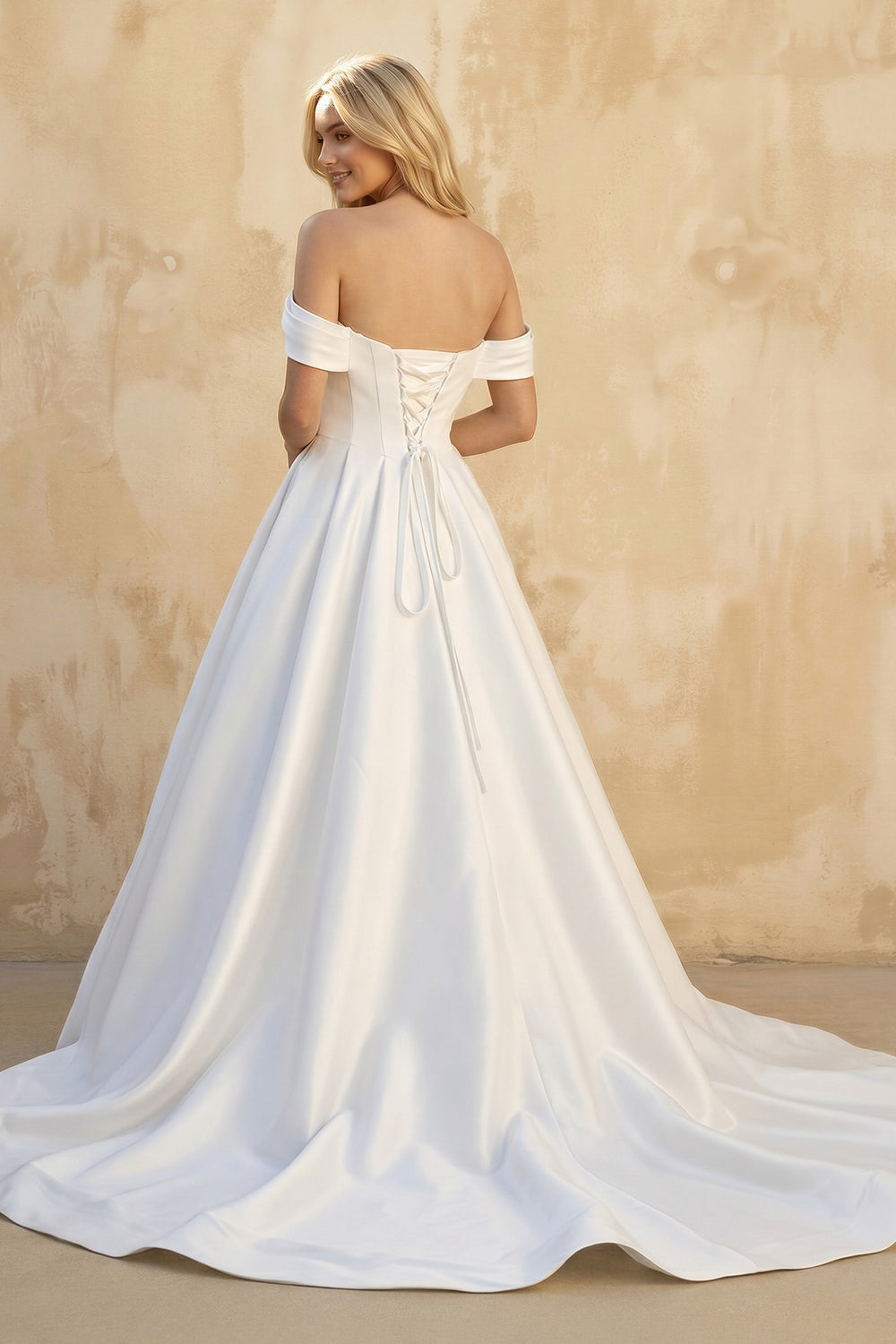 White A-Line Off the Shoulder Satin Wedding Dresses in White - SHE IS ME Wedding Dresses