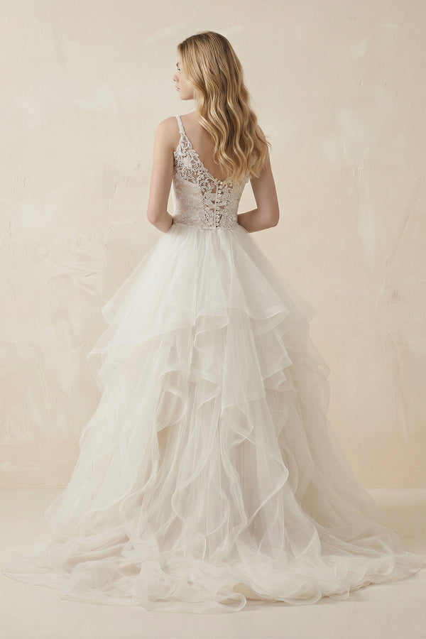 Ball - Gown Spaghetti - Straps Tulle Ruffled Wedding Dress in White - SHE IS ME Wedding Dresses
