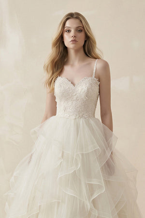Ball - Gown Spaghetti - Straps Tulle Ruffled Wedding Dress in White - SHE IS ME Wedding Dresses