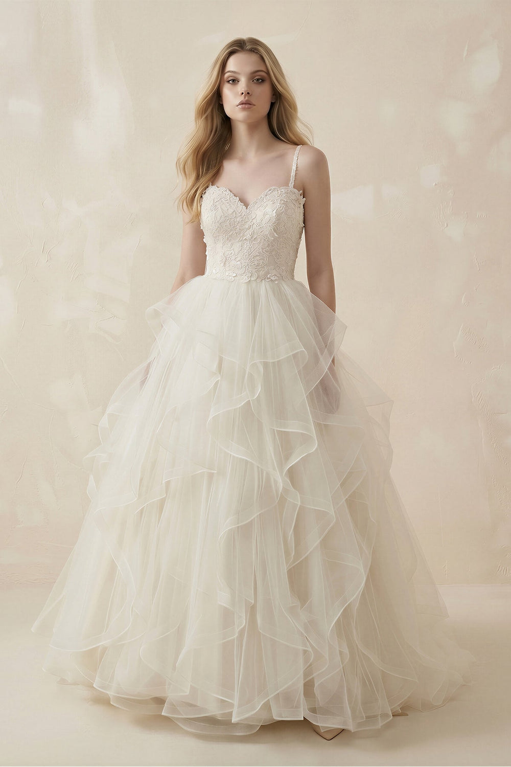 Ball - Gown Spaghetti - Straps Tulle Ruffled Wedding Dress in White - SHE IS ME Wedding Dresses