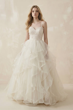 Ball - Gown Spaghetti - Straps Tulle Ruffled Wedding Dress in White - SHE IS ME Wedding Dresses