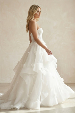 Ball - Gown Strapless Organza Corset Wedding Dress With 3D Floral Appliques in White - SHE IS ME Wedding Dresses