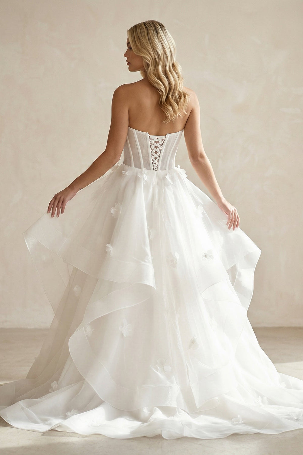 Ball - Gown Strapless Organza Corset Wedding Dress With 3D Floral Appliques in White - SHE IS ME Wedding Dresses