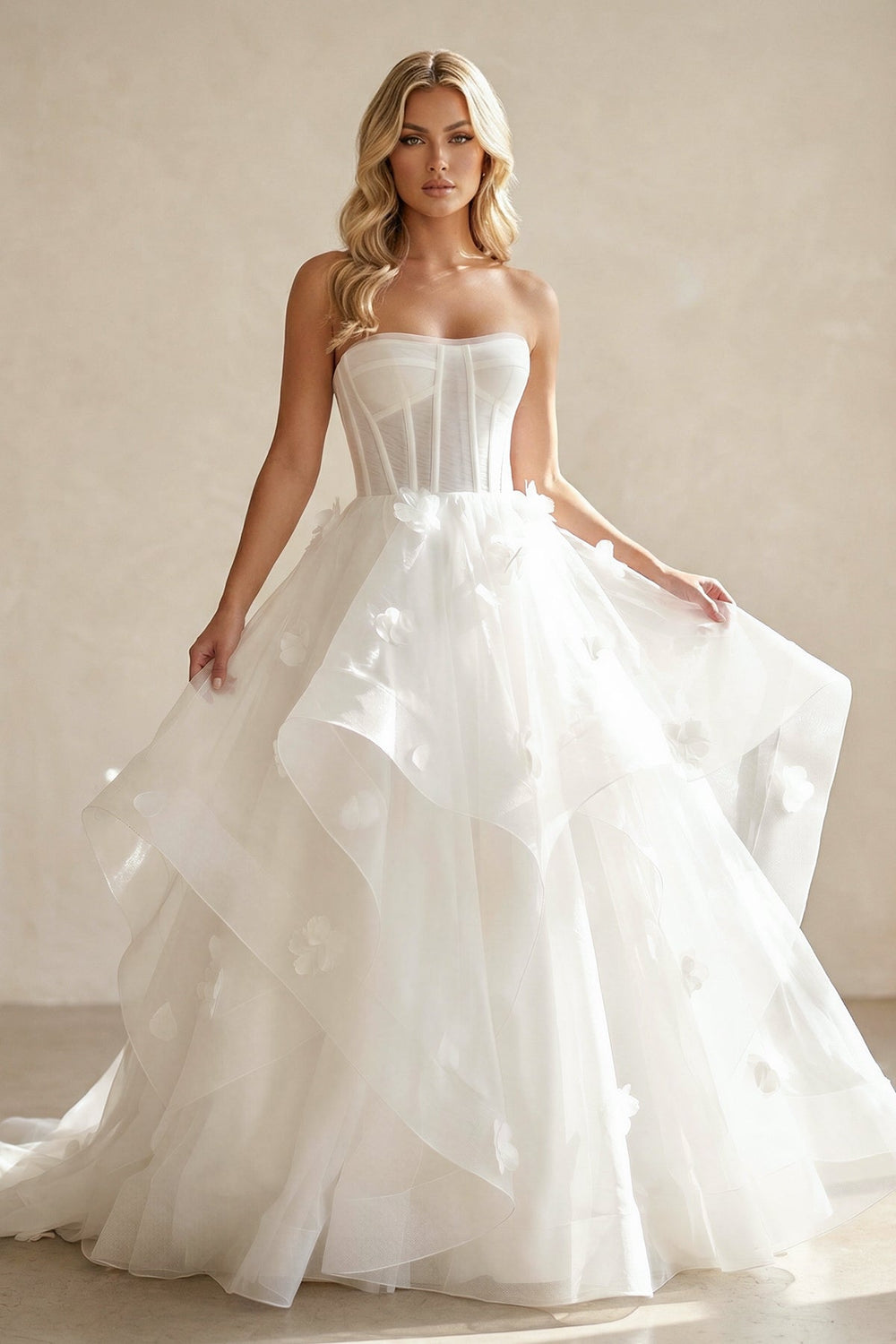 Ball - Gown Strapless Organza Corset Wedding Dress With 3D Floral Appliques in White - SHE IS ME Wedding Dresses