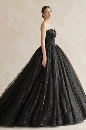 Ball - Gown Tulle Plunging Wedding Dress in Black - SHE IS ME Wedding Dresses