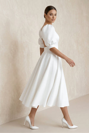 Bateau A Line Satin Midi Wedding Dress in White - SHE IS ME Wedding Dresses