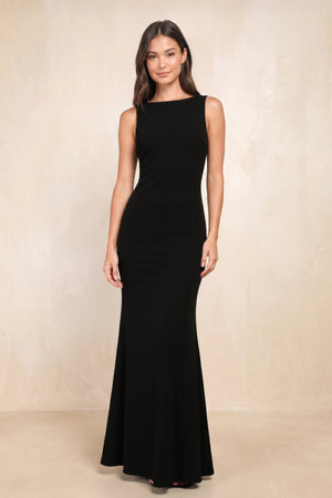 Bateau Mermaid Stretch Satin Maxi Dress in Black - SHE IS ME Dresses
