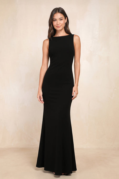 Bateau Mermaid Stretch Satin Maxi Dress in Black - SHE IS ME Dresses