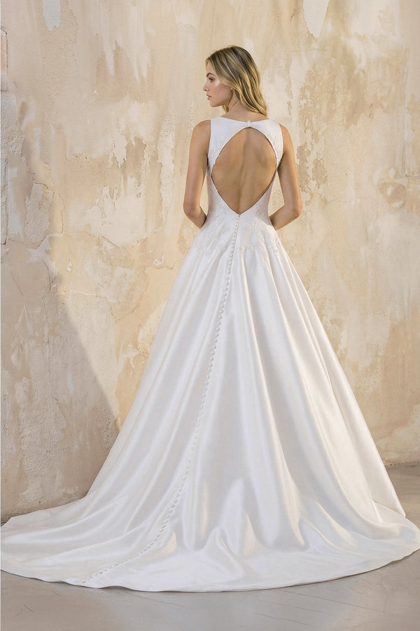 Bateau Neck A - Line Satin Wedding Dress With Keyhole in White - SHE IS ME Wedding Dresses