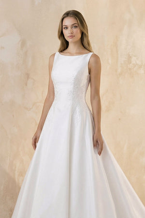 Bateau Neck A - Line Satin Wedding Dress With Keyhole in White - SHE IS ME Wedding Dresses