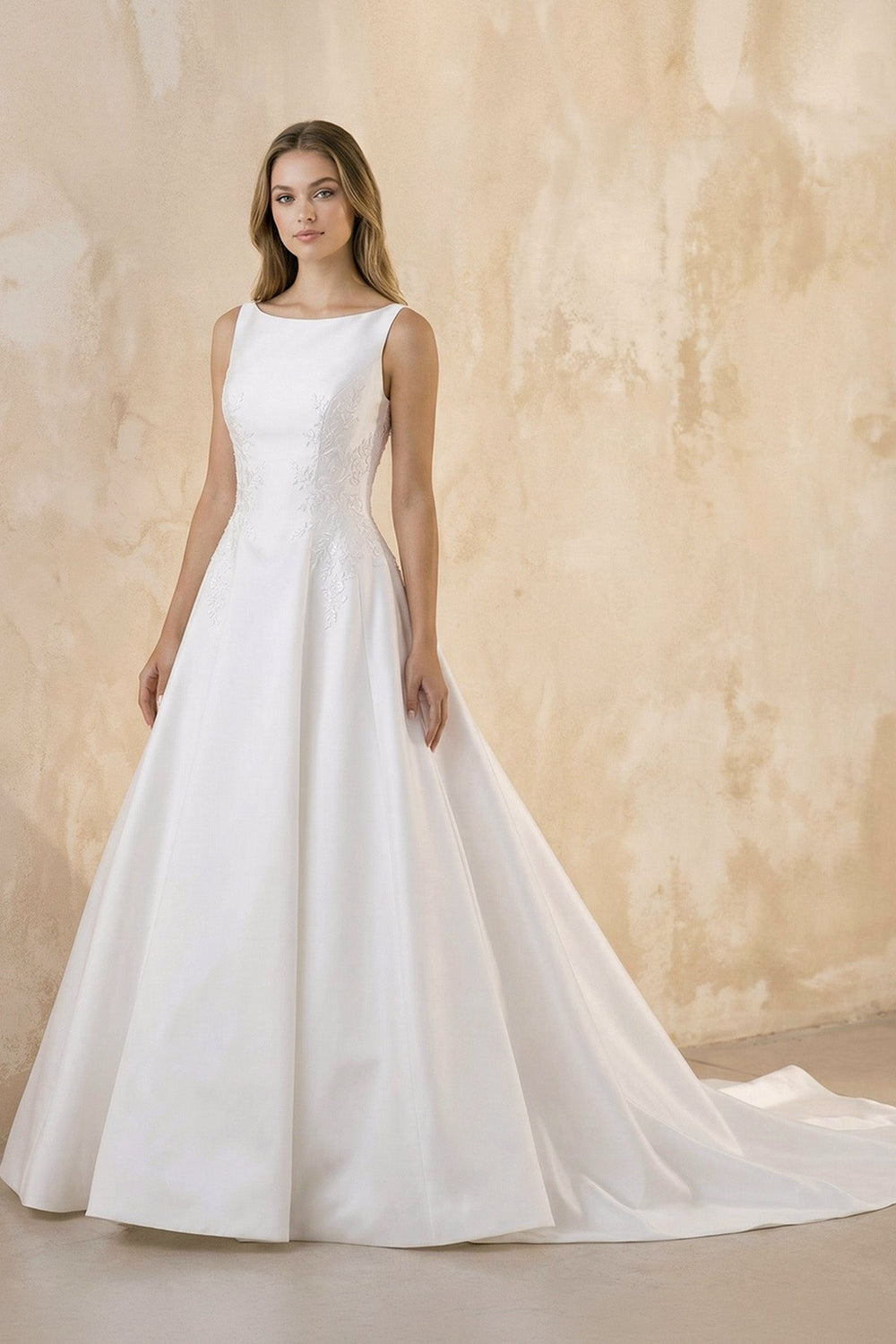 Bateau Neck A - Line Satin Wedding Dress With Keyhole in White - SHE IS ME Wedding Dresses