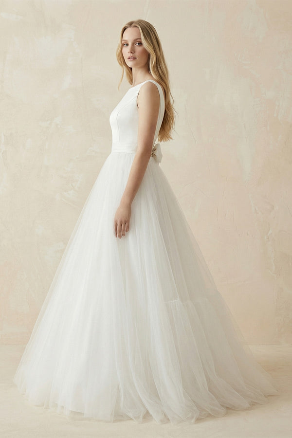 Bateau Neck A - Line Tulle Ruched Wedding Dress in White - SHE IS ME Wedding Dresses