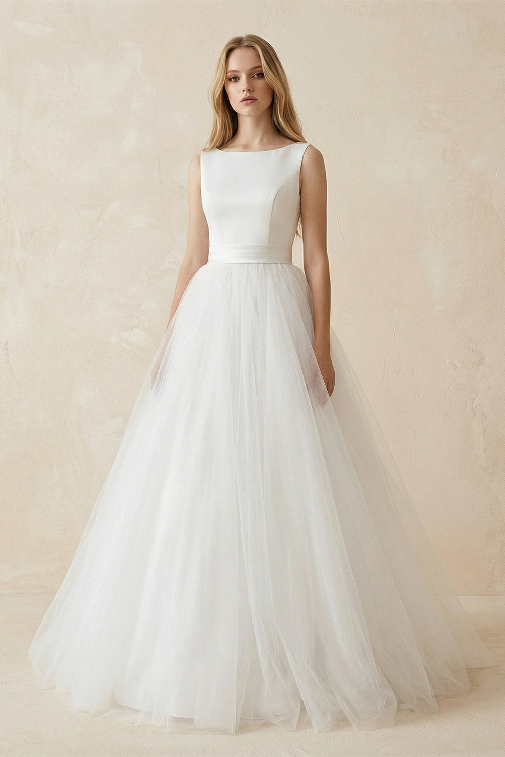 Bateau Neck A - Line Tulle Ruched Wedding Dress in White - SHE IS ME Wedding Dresses