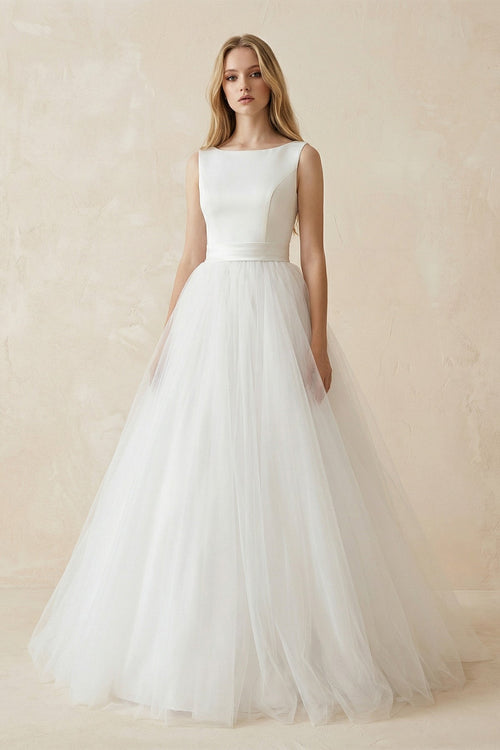 Bateau Neck A - Line Tulle Ruched Wedding Dress in White - SHE IS ME Wedding Dresses
