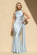 Bateau Neck Maxi Dress with Satin Panel in Sky Blue - SHE IS ME