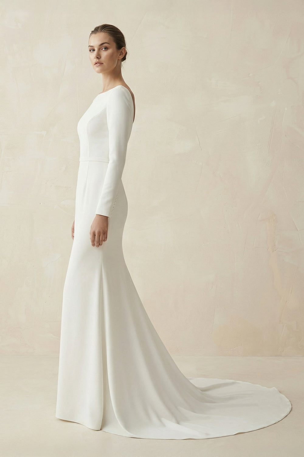 Bateau Neck Mermaid Long Sleeve Wedding Dress in White - SHE IS ME Wedding Dresses