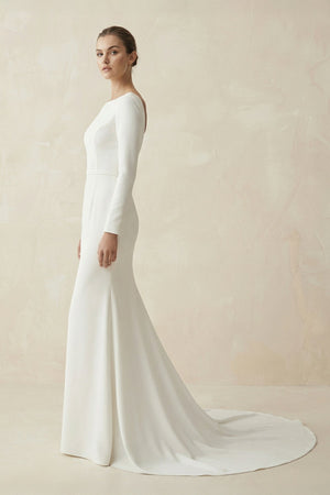 Bateau Neck Mermaid Long Sleeve Wedding Dress in White - SHE IS ME Wedding Dresses