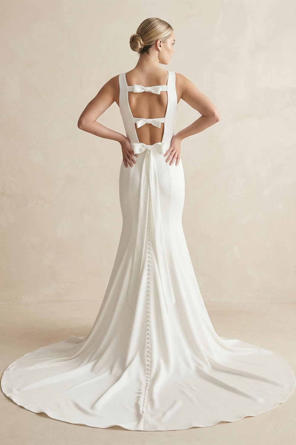 Bateau Neck Mermaid Satin Wedding Dress With Bow in White - SHE IS ME Wedding Dresses
