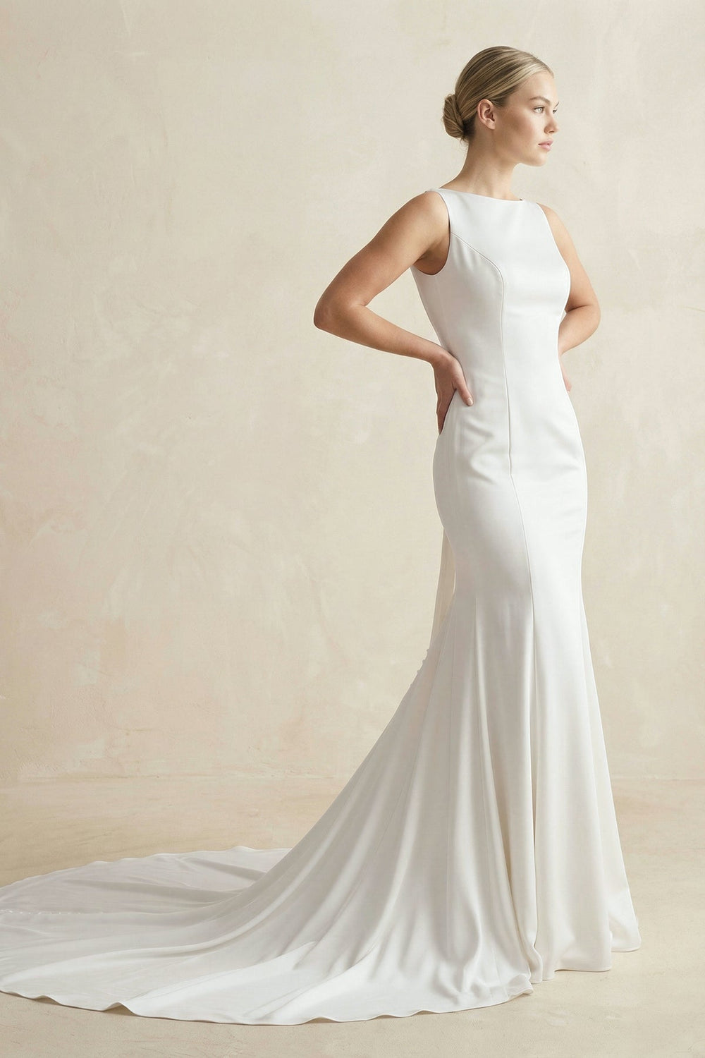 Bateau Neck Mermaid Satin Wedding Dress With Bow in White - SHE IS ME Wedding Dresses