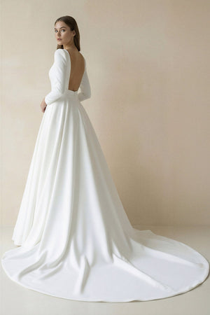 Bateau Neck Satin A - Line Long Sleeves Wedding Dress in White - SHE IS ME Wedding Dresses