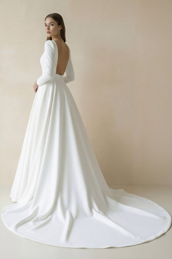 Bateau Neck Satin A - Line Long Sleeves Wedding Dress in White - SHE IS ME Wedding Dresses