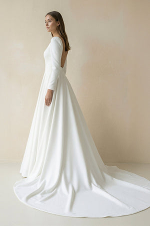 Bateau Neck Satin A - Line Long Sleeves Wedding Dress in White - SHE IS ME Wedding Dresses
