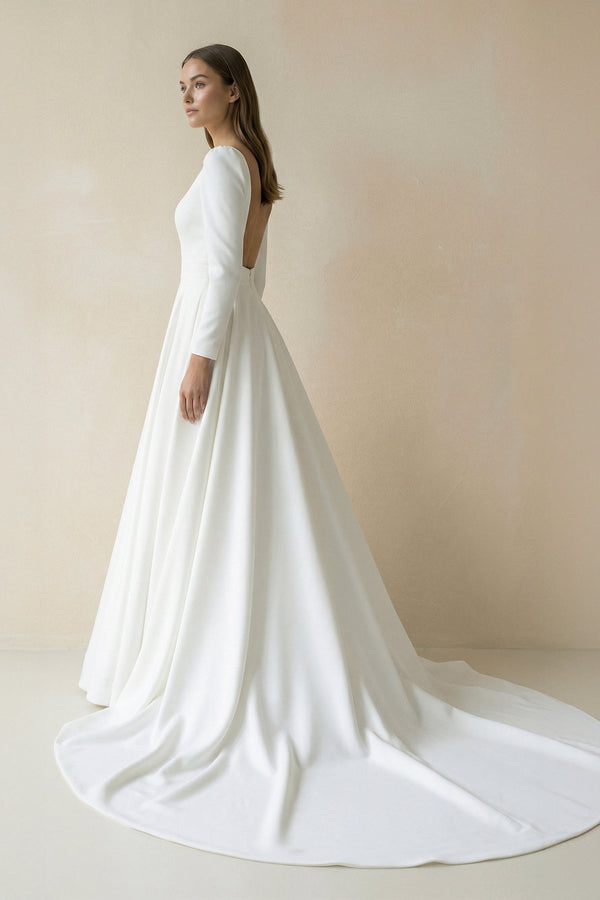 Bateau Neck Satin A - Line Long Sleeves Wedding Dress in White - SHE IS ME Wedding Dresses