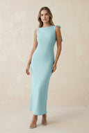 Bateau Neck Sheath Midi Bridesmaid Dress With Bow in Bleached Aqua - SHE IS ME Bridesmaid Dresses