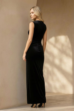 Bateau Neck Velvet Midi Dress in Black - SHE IS ME