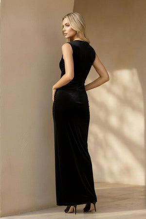 Bateau Neck Velvet Midi Dress in Black - SHE IS ME