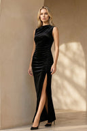 Bateau Neck Velvet Midi Dress in Black - SHE IS ME