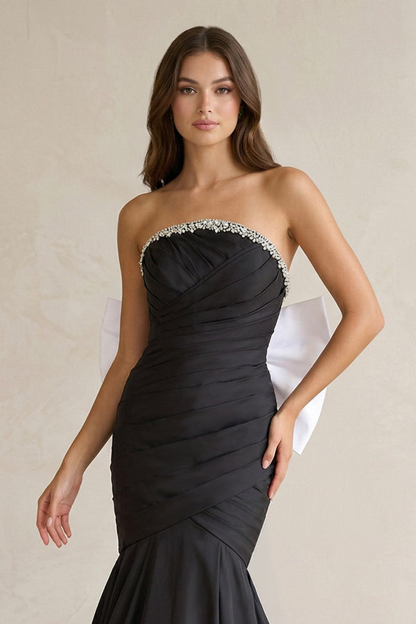 Beaded Mermaid Ruched Wedding Dress With Back Bow in Black and White - SHE IS ME Wedding Dresses