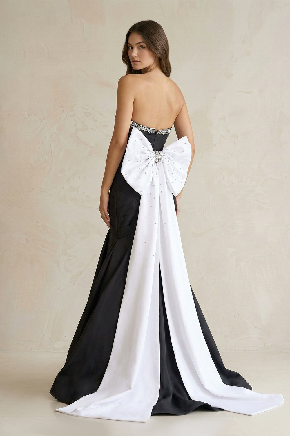 Beaded Mermaid Ruched Wedding Dress With Back Bow in Black and White - SHE IS ME Wedding Dresses