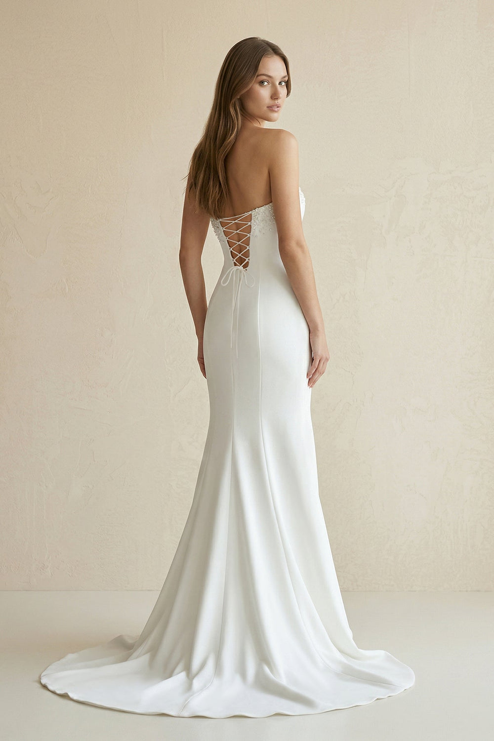 Beaded Satin Strapless Mermaid Wedding Dress in White - SHE IS ME Wedding Dresses