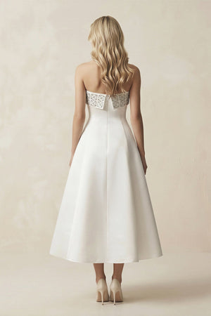 Beaded Strapless A - Line Midi Wedding Dress in White - SHE IS ME Wedding Dresses