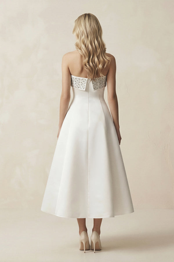 Beaded Strapless A - Line Midi Wedding Dress in White - SHE IS ME Wedding Dresses
