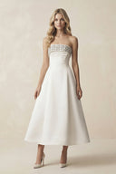 Beaded Strapless A - Line Midi Wedding Dress in White - SHE IS ME Wedding Dresses