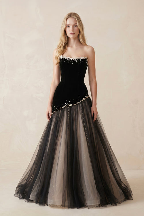 Beaded Strapless A - Line Tulle Wedding Dress in Black - SHE IS ME evening dresses