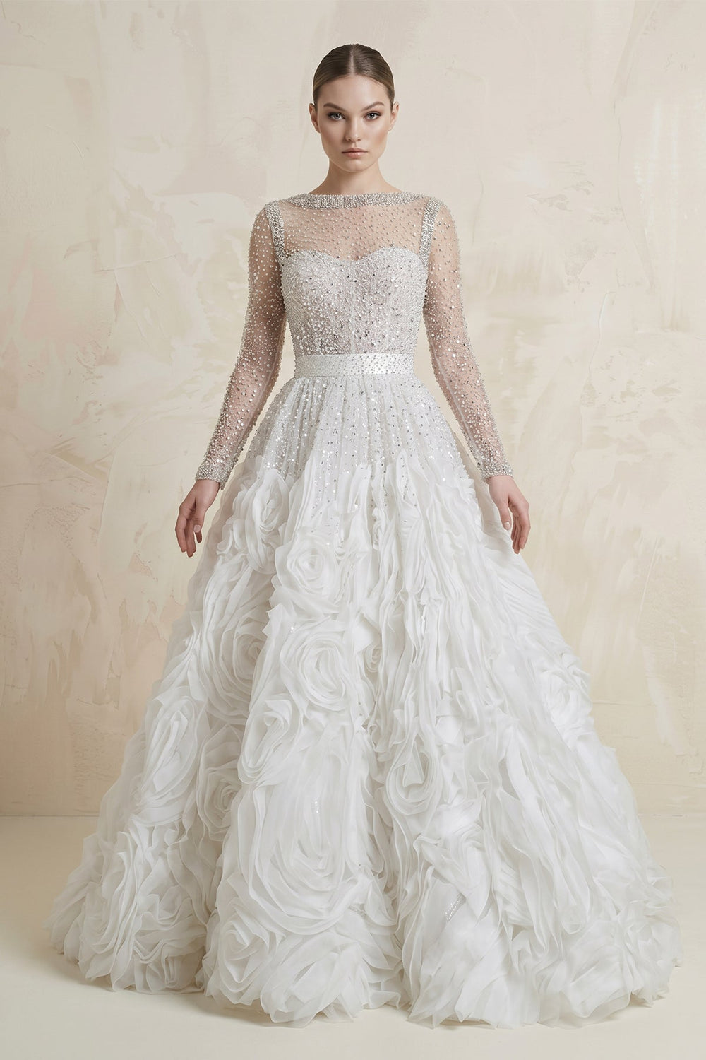 Beaded Tulle Ball - Gown Illusion 3D Flowers Wedding Dress in White - SHE IS ME Wedding Dresses