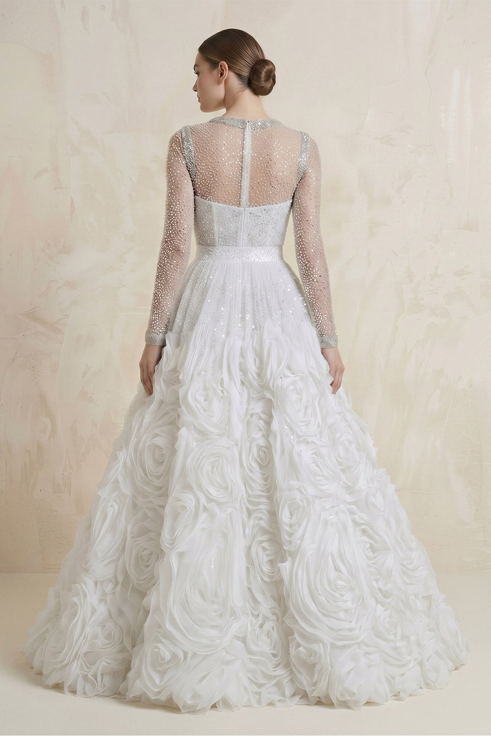 Beaded Tulle Ball - Gown Illusion 3D Flowers Wedding Dress in White - SHE IS ME Wedding Dresses