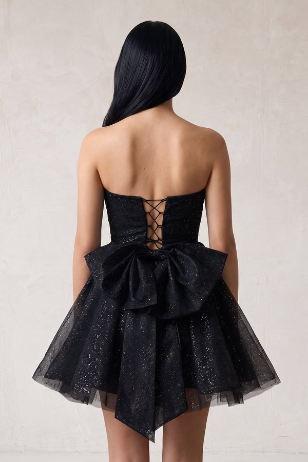 Black A Line Strapless Glitter Tulle Ruffled Homecoming Dresses with Bow (2) | SHEISME