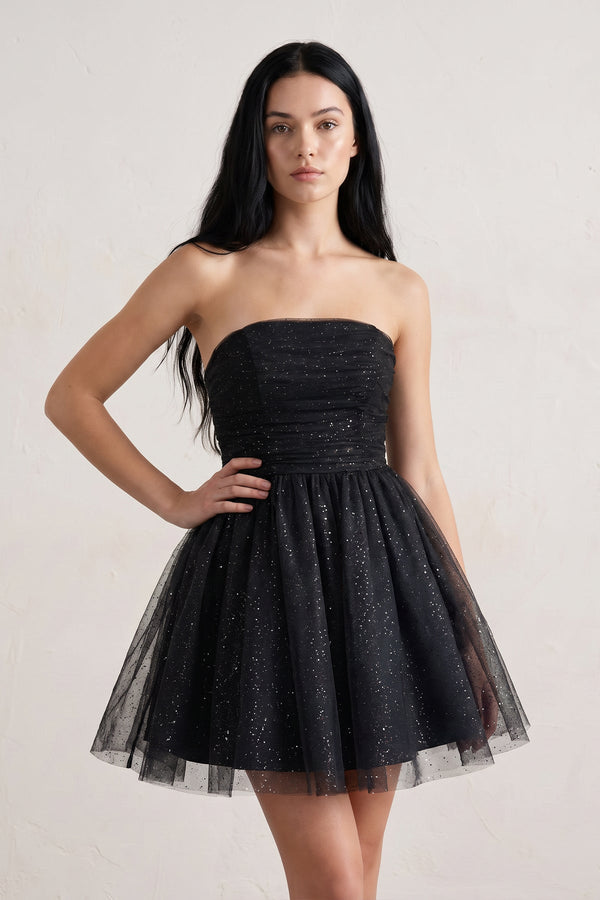 Black A Line Strapless Glitter Tulle Ruffled Homecoming Dresses with Bow | SHEISME