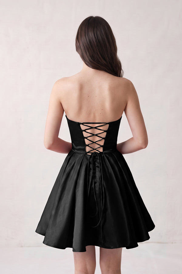 Black A Line Strapless Satin Homecoming Dress (2) | SHEISME
