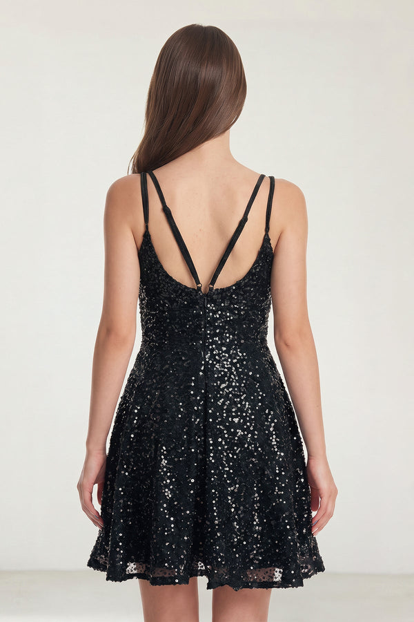 Black A Line V Neck Sequined Short Homecoming Dresses (2) | SHEISME