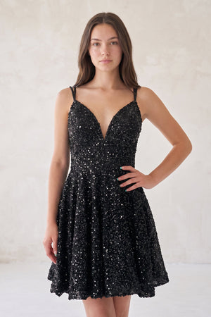 Black A Line V Neck Sequined Short Homecoming Dresses | SHEISME