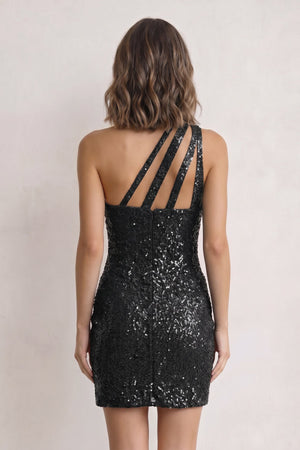 Black Sheath One Shoulder Sequins Mini Party Dresses - SHEISME