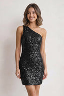Black Sheath One Shoulder Sequins Mini Party Dresses - SHEISME