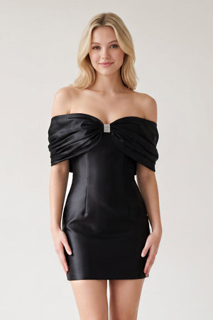 Black Off The Shoulder Satin Bodycon Short Homecoming Dress With Beading (3) | SHEISME