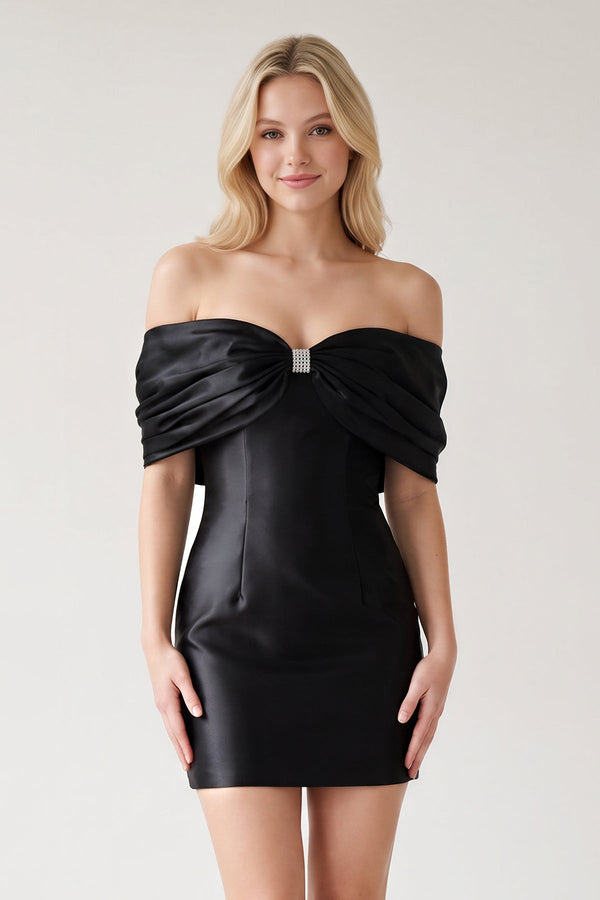 Black Off The Shoulder Satin Bodycon Short Homecoming Dress With Beading (3) | SHEISME